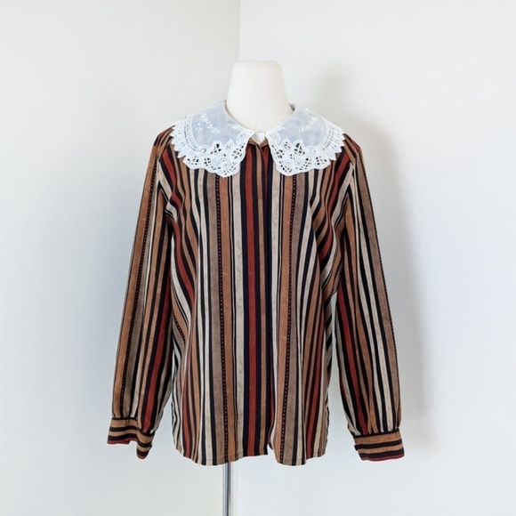 *Free with Purchase* 90’s Striped Long Sleeve Blouse Earth Tones Collar - Picture 9 of 10